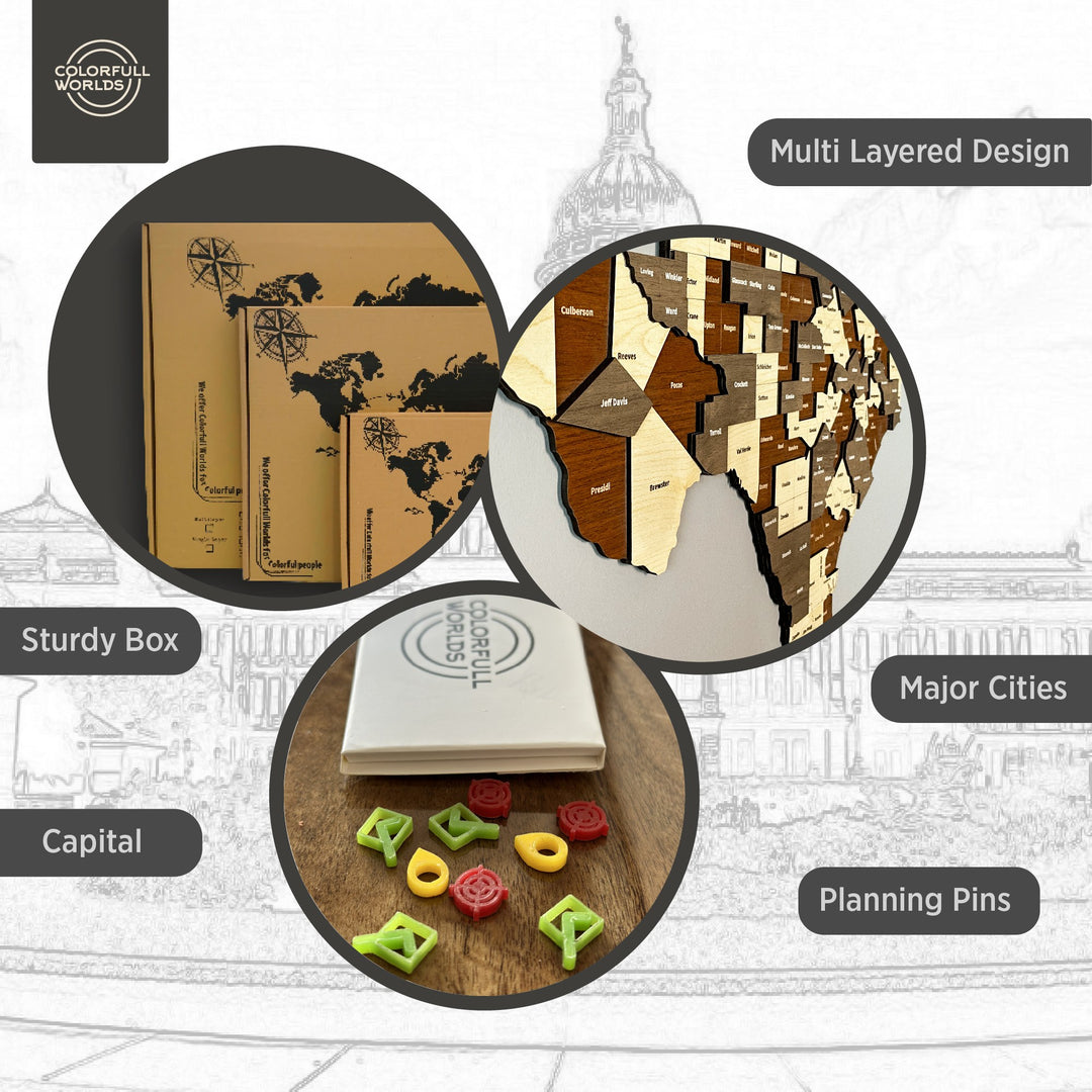 Texas wooden map features: multi-layered design, major cities, capital, planning pins and a sturdy shipping box