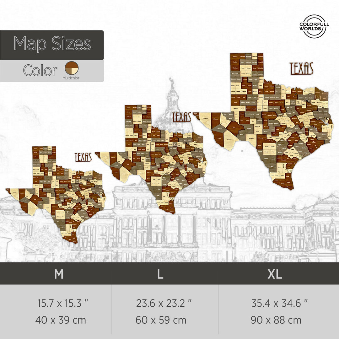 Size chart for the wooden Texas map: M 40 x 39 cm, L 60 x 59 cm and XL 90 x 88 cm, 15.7 x 15.3 to 35.4 x 34.6 in