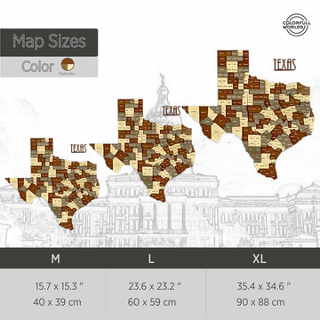 Size chart for the wooden Texas map: M 40 x 39 cm, L 60 x 59 cm and XL 90 x 88 cm, 15.7 x 15.3 to 35.4 x 34.6 in