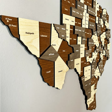 Side-angle close-up of West Texas layered counties such as El Paso, Hudspeth and Presidio in brown and cream wood