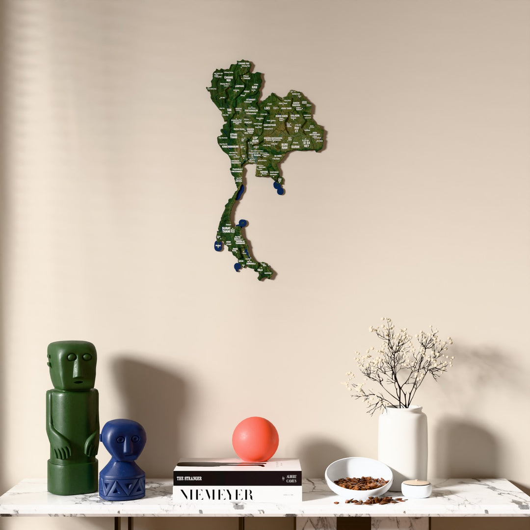 Satellite Thailand wooden wall map above a marble console, front view