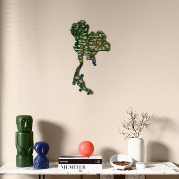 Satellite Thailand wooden wall map above a marble console, front view