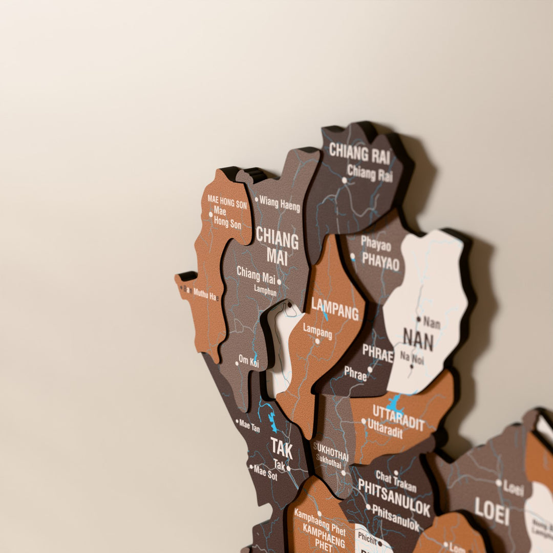 Close-up of the Soil Thailand wooden wall map with layered regions and printed names