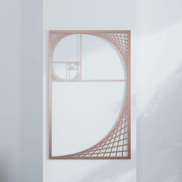Copper Golden Ratio Fibonacci spiral metal wall decor, straight-on view against a plain white wall