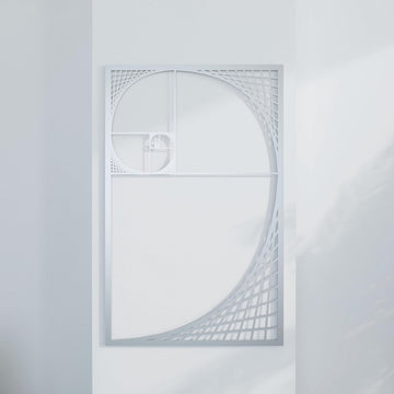 Silver Golden Ratio Fibonacci spiral metal wall decor, straight-on view against a plain white wall