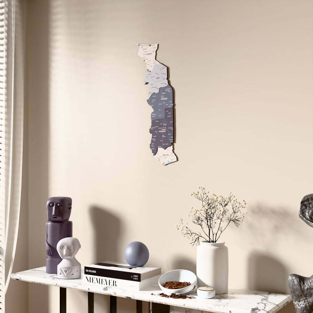 Nimbus Togo wooden wall map beside a sheer curtain, angled view