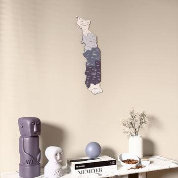 Nimbus Togo wooden wall map on a beige wall above a console with figurines