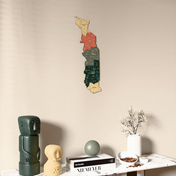 Sage Togo wooden wall map on a beige wall above a console with figurines