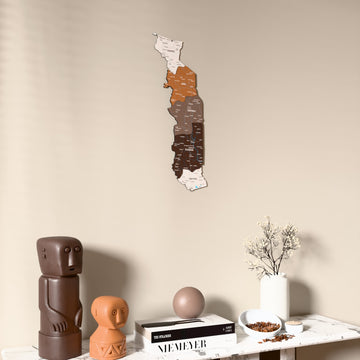 Soil Togo wooden wall map on a beige wall above a console with figurines