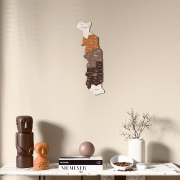 Soil Togo wooden wall map above a marble console, front view