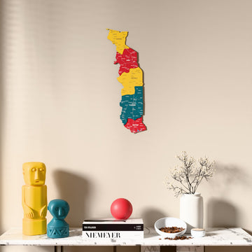 Flag colored Togo wooden wall map above a marble console, front view