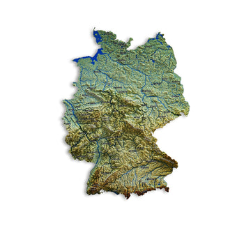 Topographic Germany metal wall map with relief shading and blue rivers on a white background
