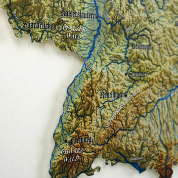 Close-up of the Black Forest area on the topographic Germany map with Freiburg, Stuttgart and rivers