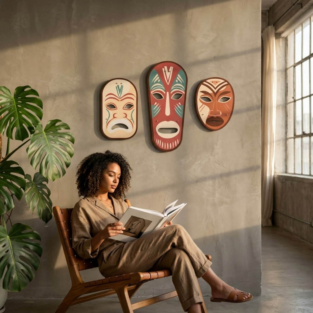 Tribal masks metal wall art set behind a woman reading in a chair