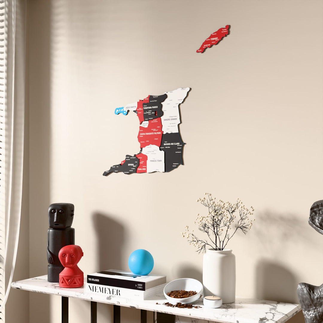 Flag colored Trinidad and Tobago wooden wall map beside a sheer curtain, angled view