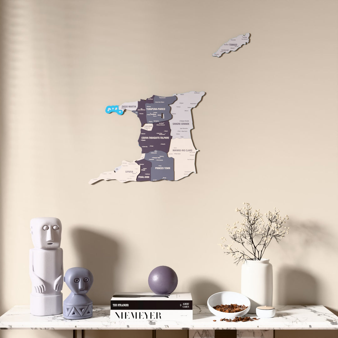 Nimbus Trinidad and Tobago wooden wall map above a marble console, front view
