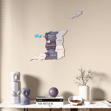 Nimbus Trinidad and Tobago wooden wall map above a marble console, front view