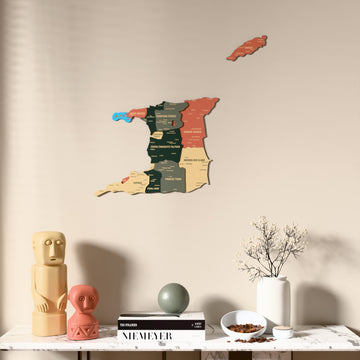 Sage Trinidad and Tobago wooden wall map above a marble console, front view