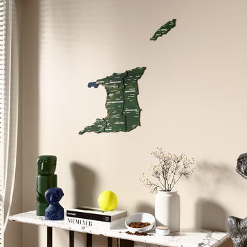 Satellite Trinidad and Tobago wooden wall map beside a sheer curtain, angled view