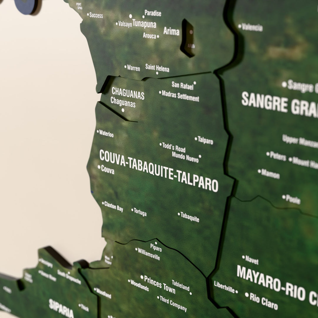 Close-up of the Satellite Trinidad and Tobago wooden wall map with layered regions and printed names