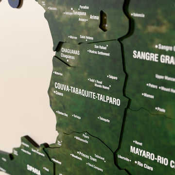 Close-up of the Satellite Trinidad and Tobago wooden wall map with layered regions and printed names