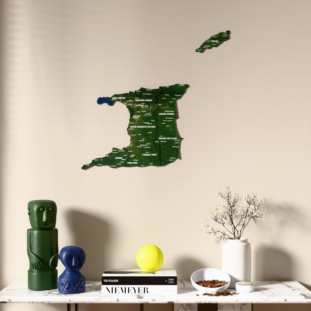 Satellite Trinidad and Tobago wooden wall map above a marble console, front view