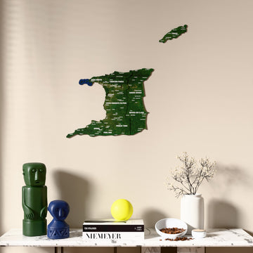 Satellite Trinidad and Tobago wooden wall map above a marble console, front view