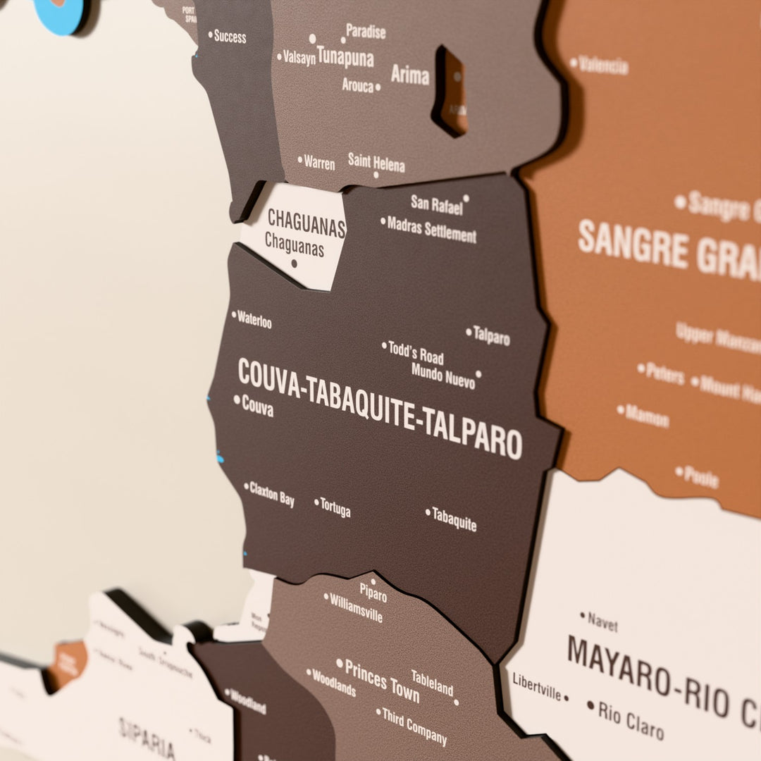 Close-up of the Soil Trinidad and Tobago wooden wall map with layered regions and printed names