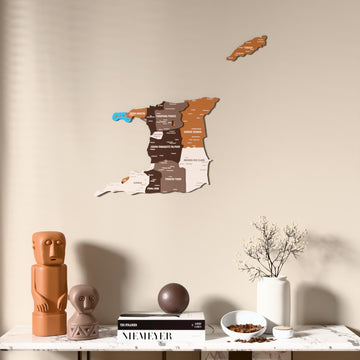 Soil Trinidad and Tobago wooden wall map above a marble console, front view