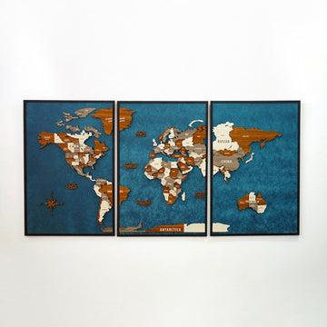 Three-panel wooden world map in a black frame on a deep blue background, front view