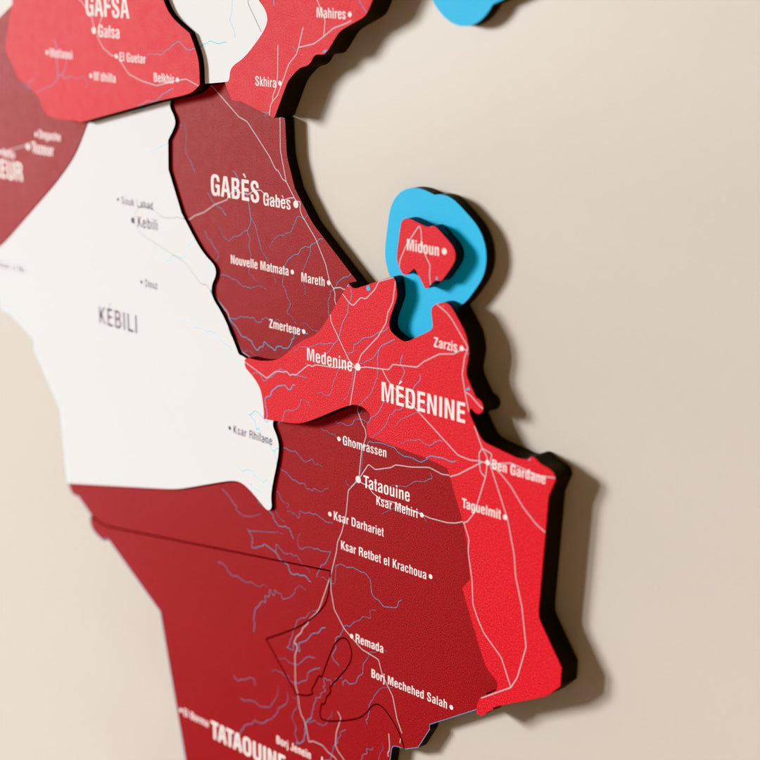 Close-up of the Flag colored Tunisia wooden wall map with layered regions and printed names