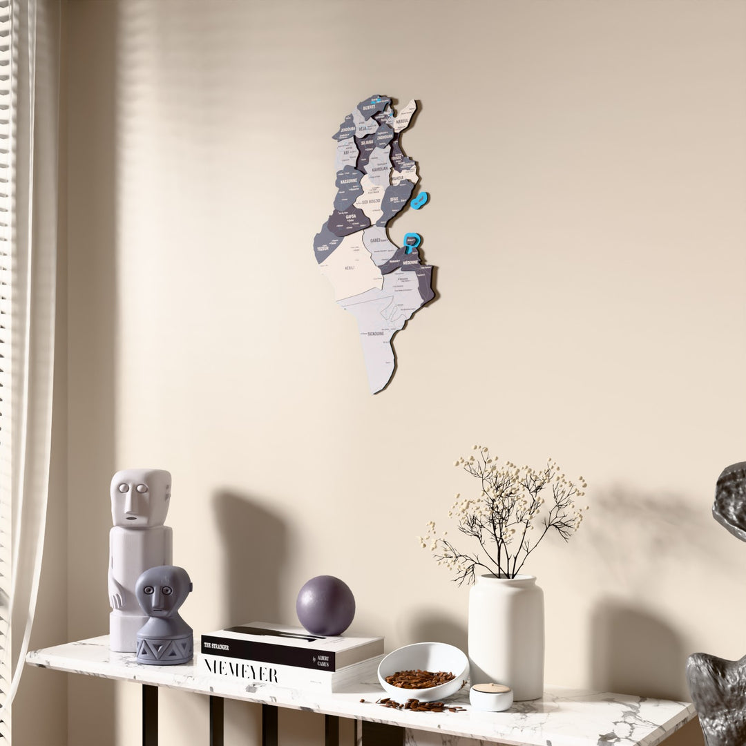 Nimbus Tunisia wooden wall map beside a sheer curtain, angled view
