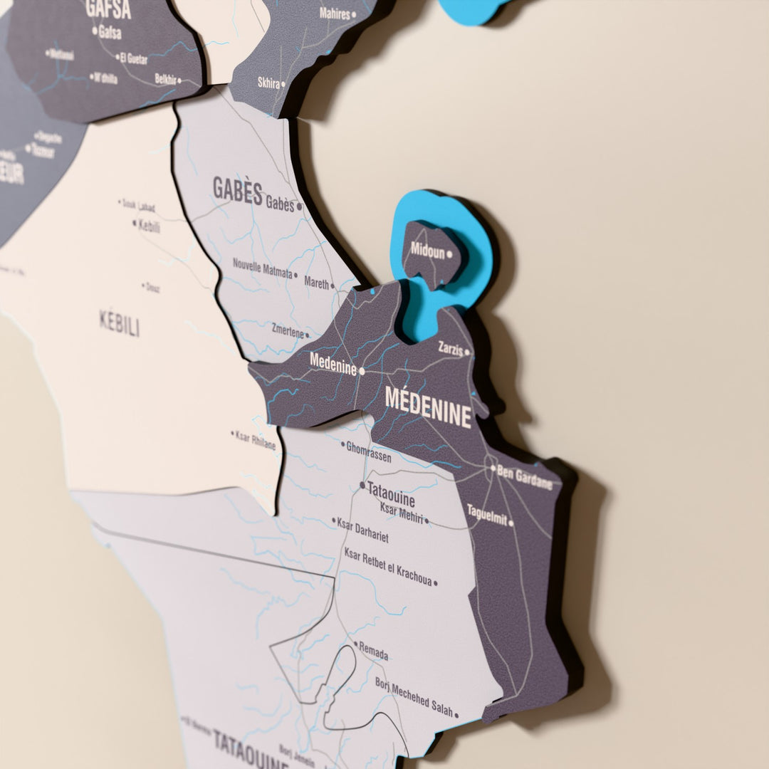 Close-up of the Nimbus Tunisia wooden wall map with layered regions and printed names