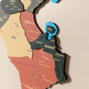 Close-up of the Sage Tunisia wooden wall map with layered regions and printed names