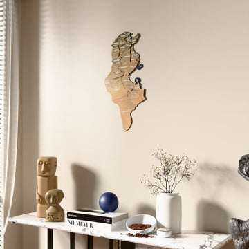Satellite Tunisia wooden wall map beside a sheer curtain, angled view
