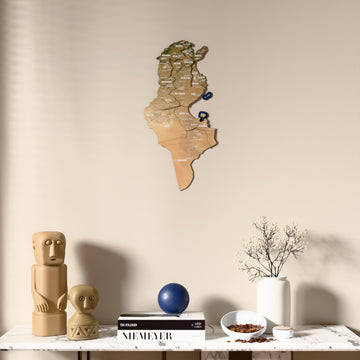 Satellite Tunisia wooden wall map above a marble console, front view