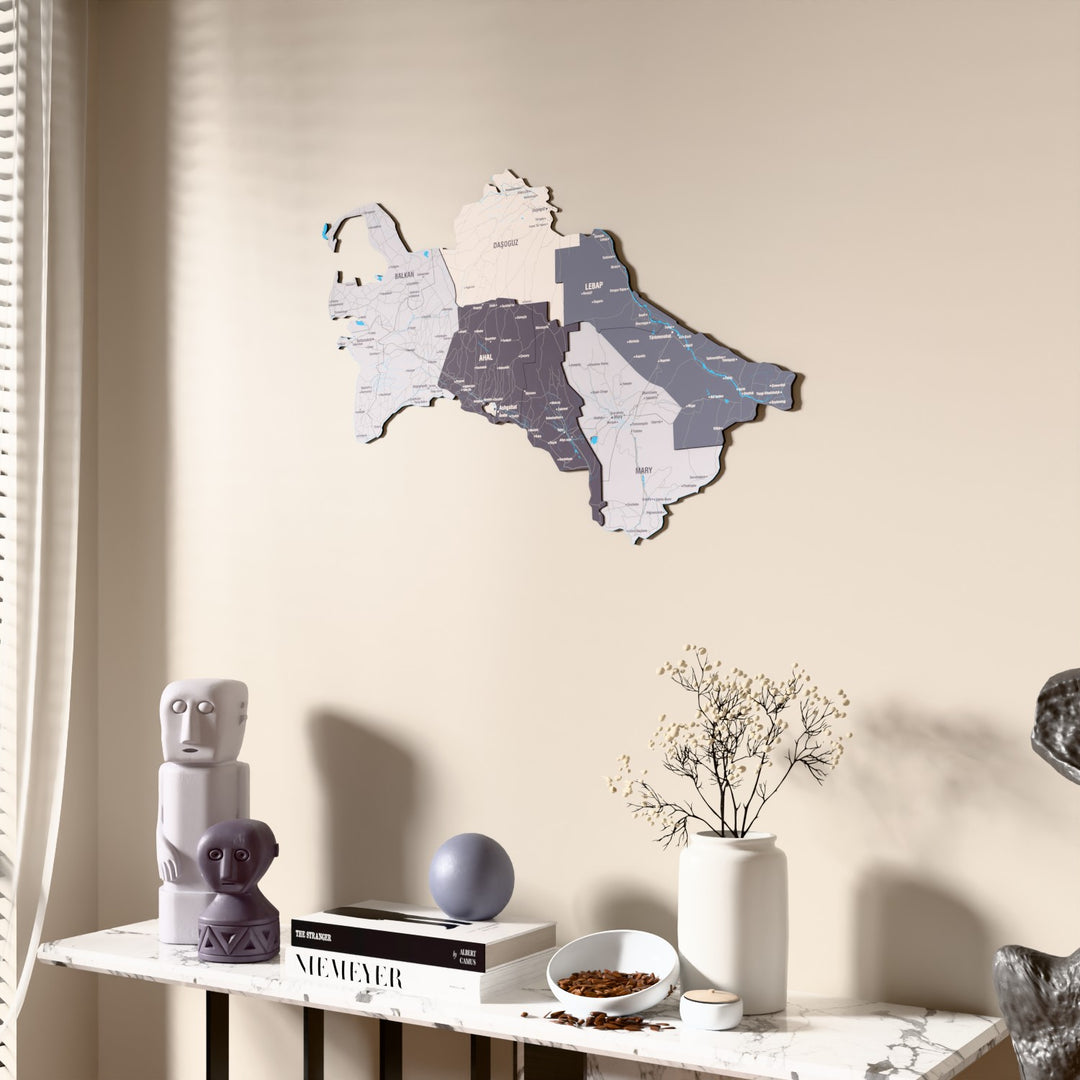 Nimbus Turkmenistan wooden wall map beside a sheer curtain, angled view