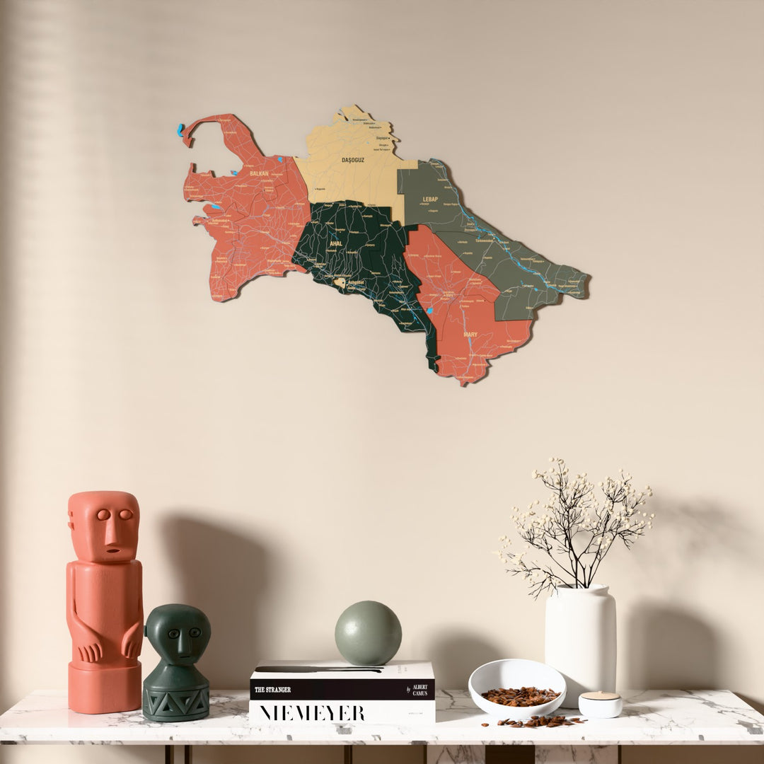 Sage Turkmenistan wooden wall map above a marble console, front view