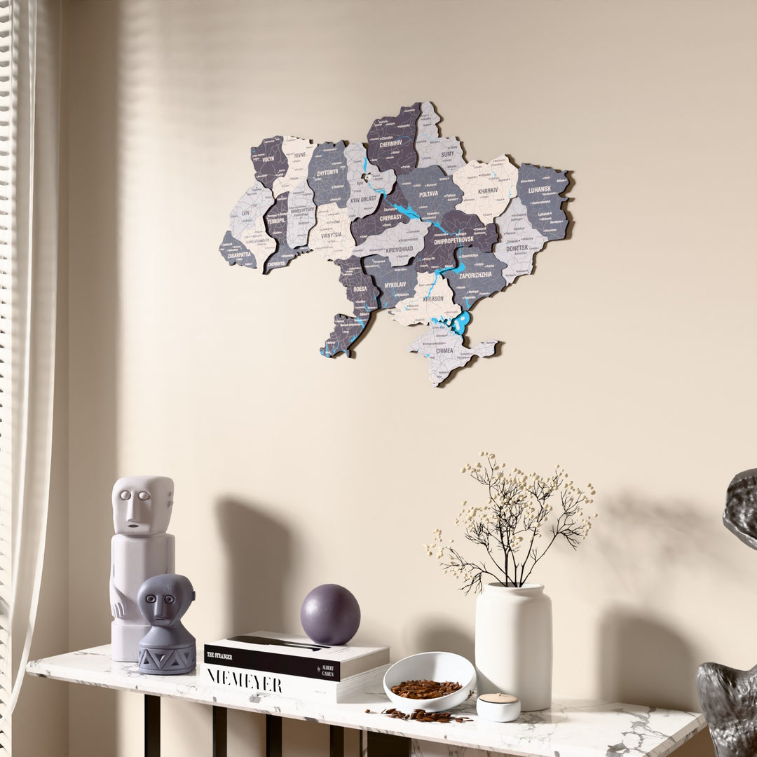 Nimbus Ukraine wooden wall map beside a sheer curtain, angled view