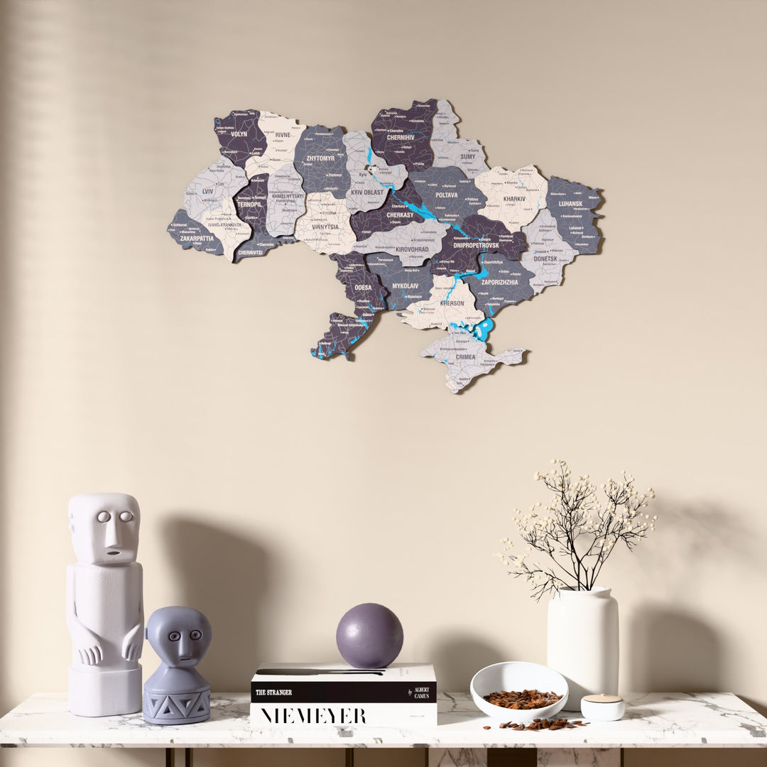 Nimbus Ukraine wooden wall map above a marble console, front view
