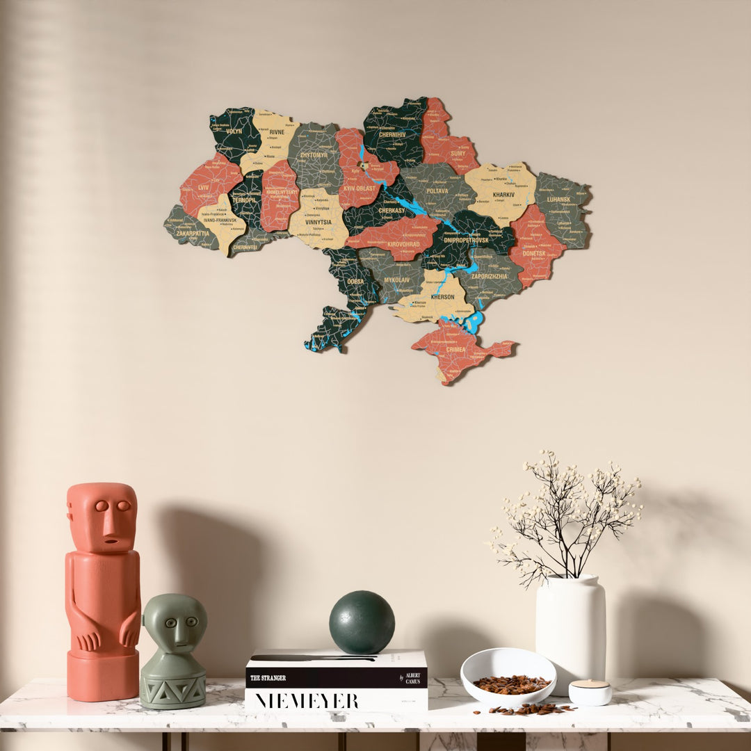 Sage Ukraine wooden wall map above a marble console, front view