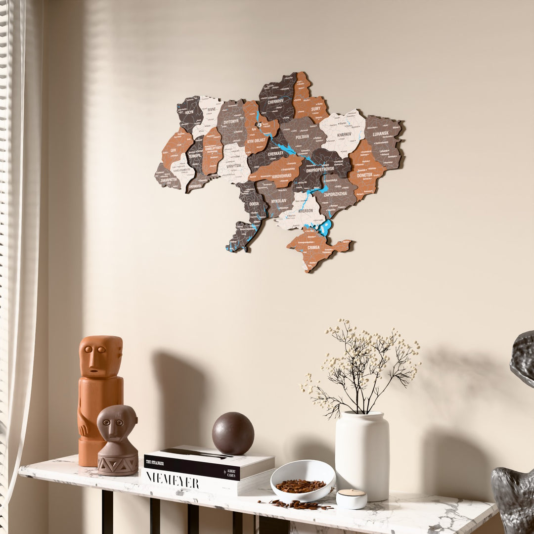 Soil Ukraine wooden wall map beside a sheer curtain, angled view