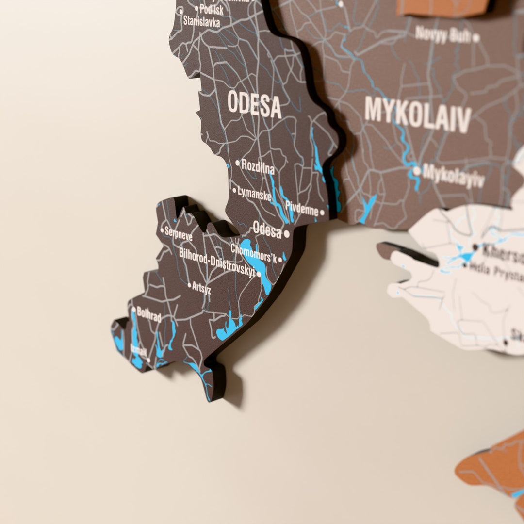 Close-up of the Soil Ukraine wooden wall map with layered regions and printed names