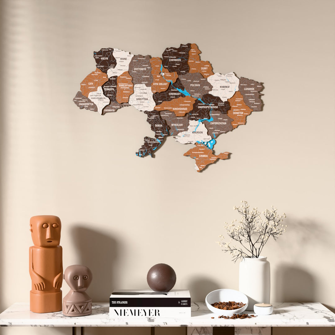 Soil Ukraine wooden wall map above a marble console, front view