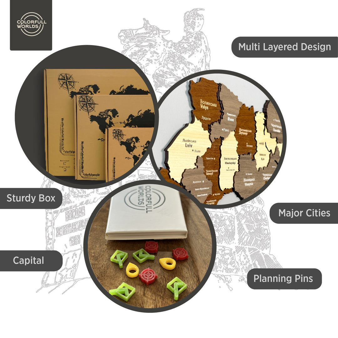 Infographic of the Ukraine wooden map showing multi-layered design, major cities, capital, planning pins and sturdy box