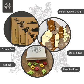Infographic of the Ukraine wooden map showing multi-layered design, major cities, capital, planning pins and sturdy box