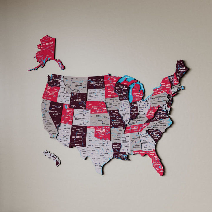 United States Wooden Wall Map - Multilayered & UV Printed Design - Crimson