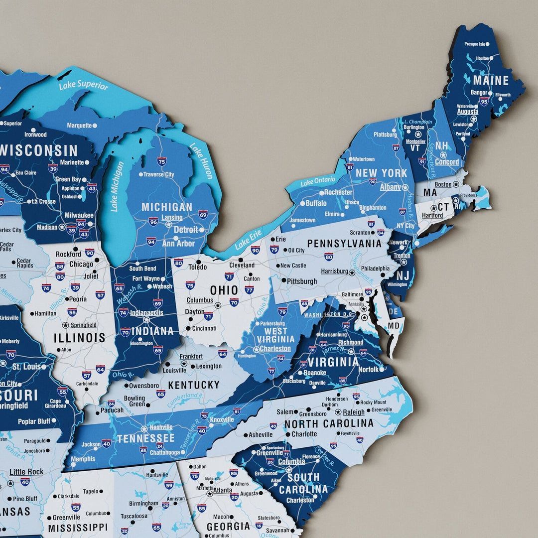 Wooden USA Map Wall Decor - 3D Multilayered Design - Navy