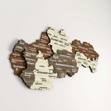 Large close-up of the Slovakia wooden map showing Bratislava, Trnava, Nitra and Zilina regions in layered wood
