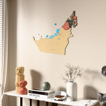 Sage United Arab Emirates wooden wall map beside a sheer curtain, angled view